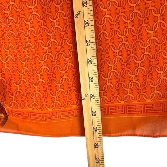 Effy Hematian Silk Scarf with Panther and Geometric Print Orange Rectangle 58x17 - Picture 6 of 9